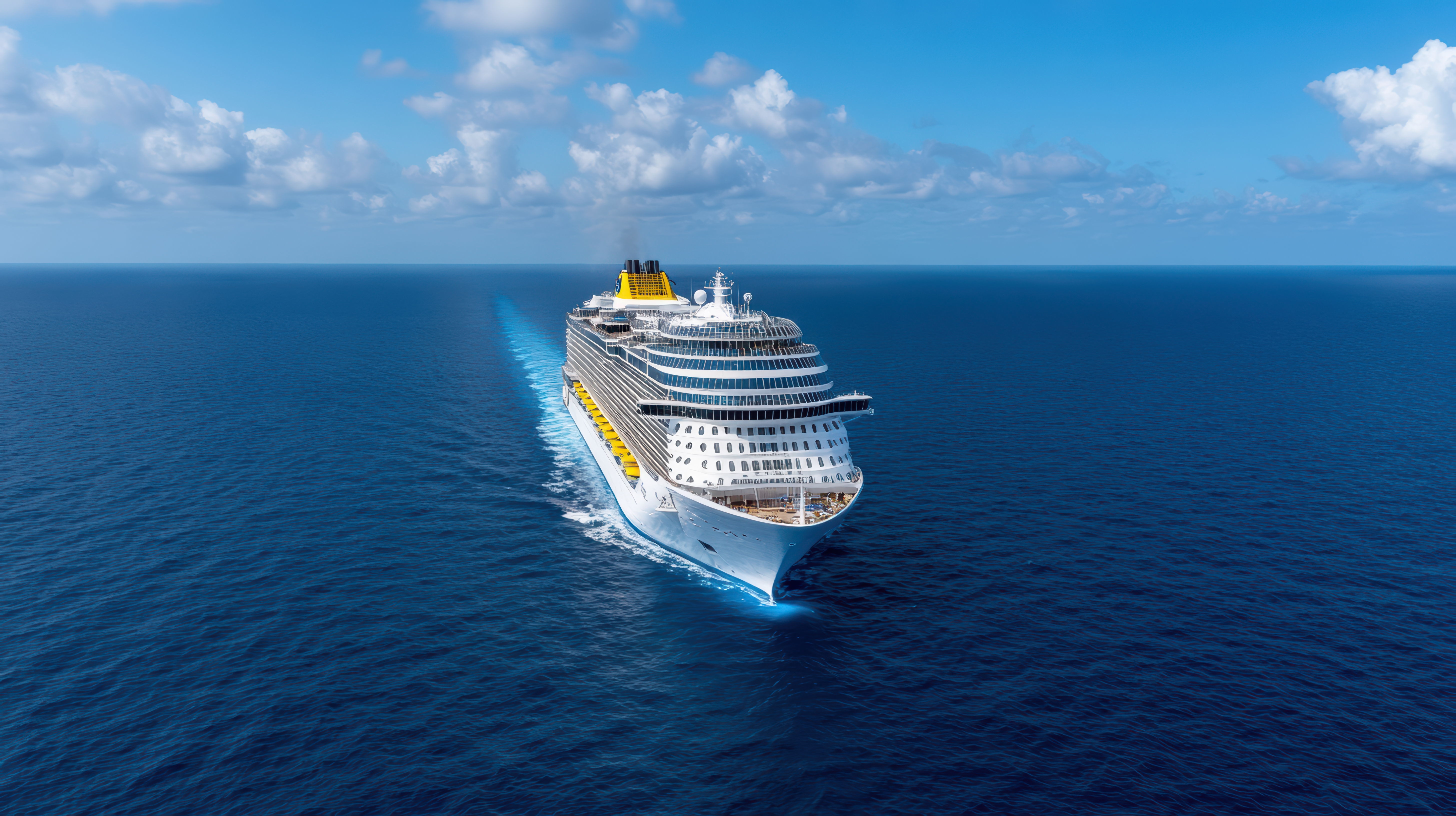 An Aerial view of massive cruise ship sailing through deep blue ocean under clear sky